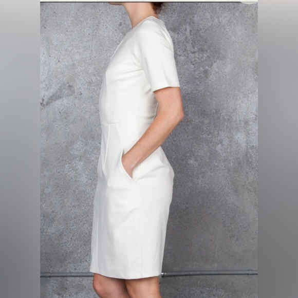 Obakki Short Sleeve Structured Sheath Dress w Front Slash Pockets in Camel - Picture 6 of 9